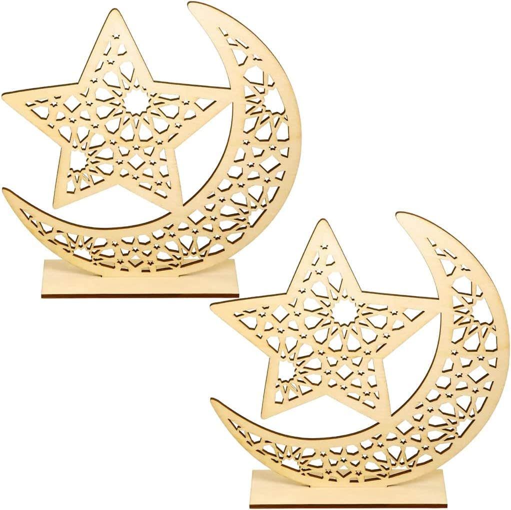 Pack of 2 Eid Mubarak Wooden Ornament Ramadan Wooden Table Decoration Muslim Islamic Moon Star Hanging Pendant for Eid Mubarak Party Decoration Ramadan Kareem Gifts