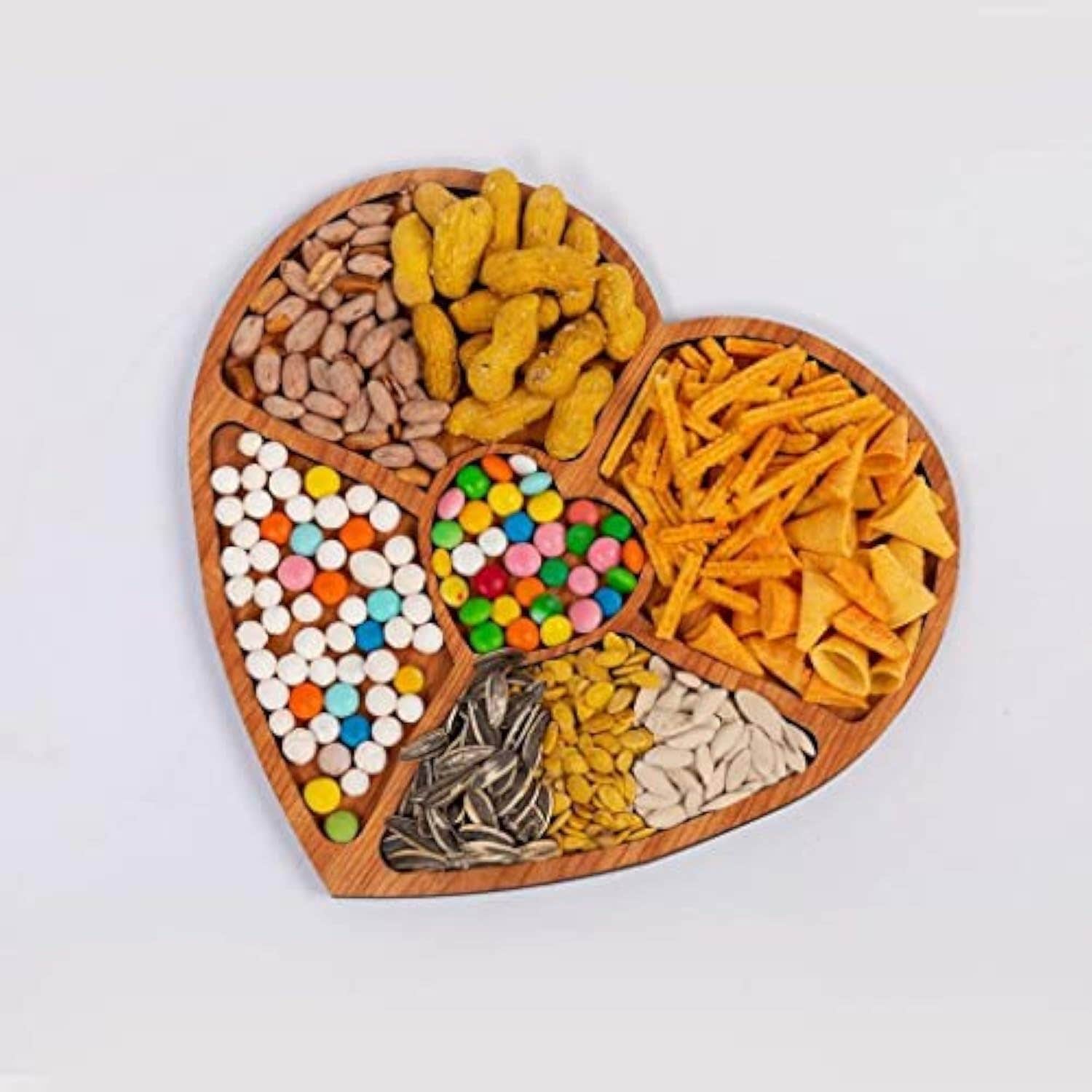 Wooden Tasley Plate - Brown - Heart Shape Divided 5 Eyes