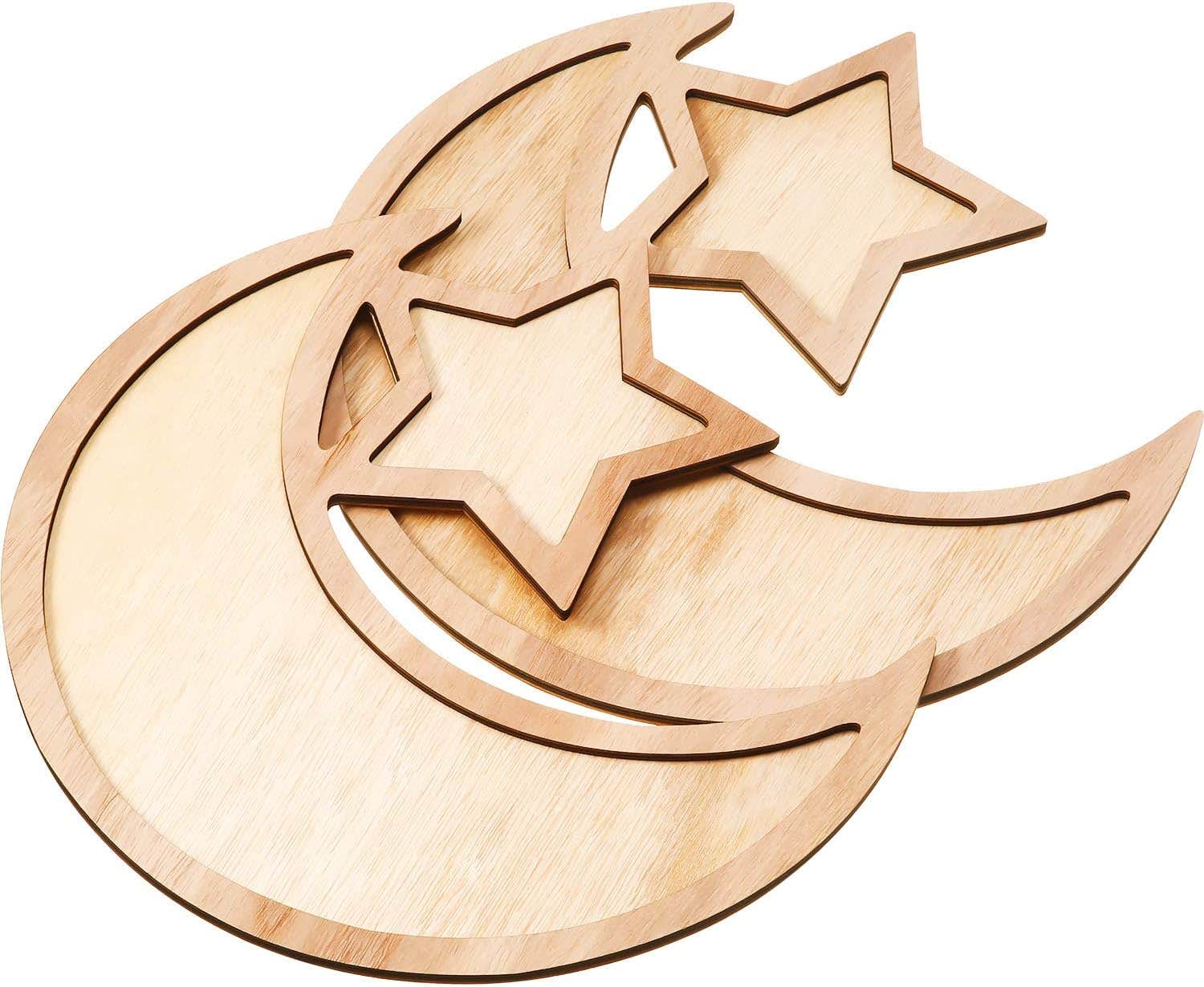 WILLBOND 2 Sets Ramadan Wood Tray Moon Wooden Star Tableware Eid Mubarak Party Serving Tableware for Breakfast Dinner Dessert Pastry Display Holder Decoration Ornament