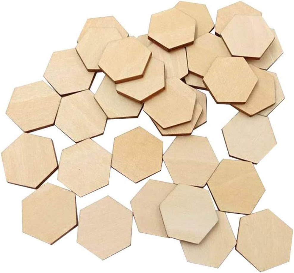 esowemsn 100pcs 30mm Hexagon Wood Chip Unfinished Wood Cutout Wood Slices Ornaments Wood Pieces for Wooden Craft DIY Projects, Gift Tags,Painting, Writing, Photo Props and Decorations