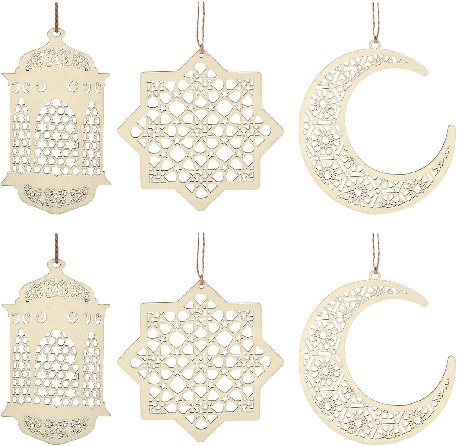 Maitys 2 Sets 6 Pieces Wooden Pendant Kareem Moon Star Wind Light Shape Ornament for Ramadan Mubarak Eid Decorations