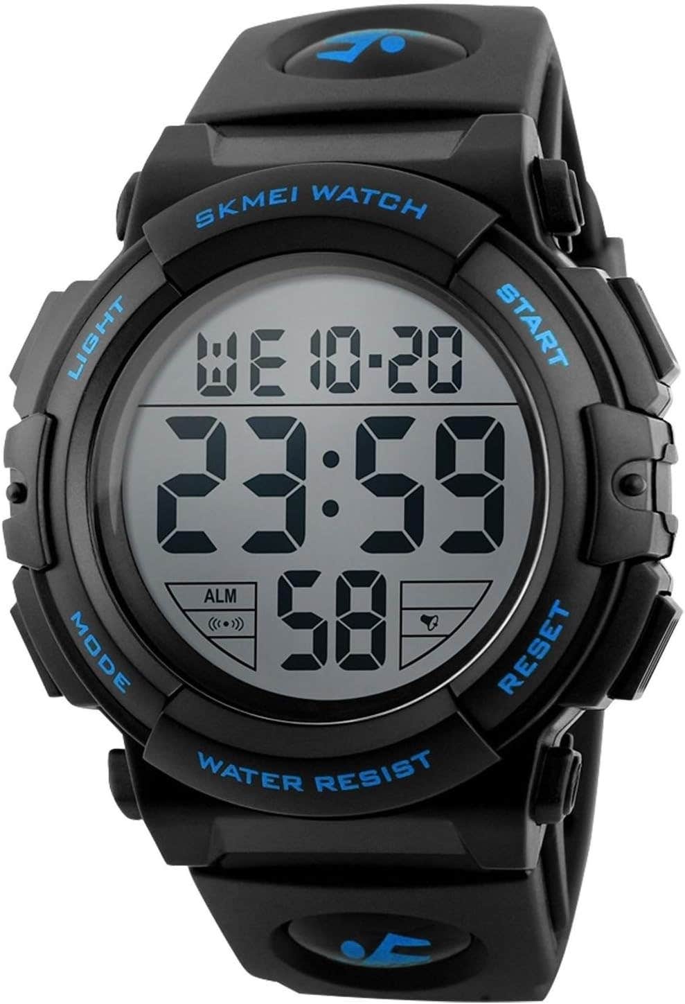SKMEI Men's Digital Sports Watch, LED Square Face Analog Quartz, Multi-Time Zone, Waterproof Stopwatch - Black Blue