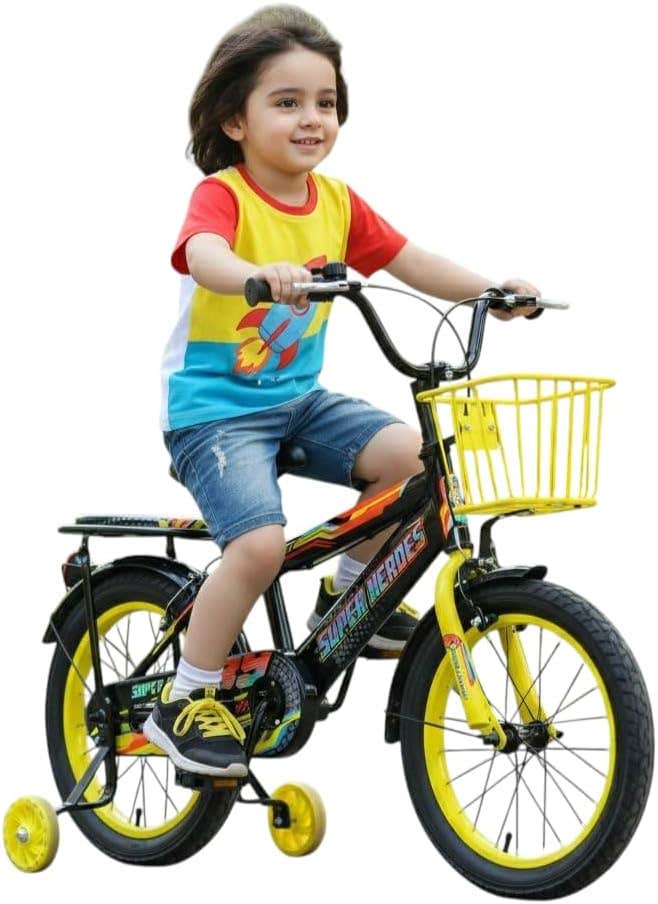 Super Hero 16-Inch Kids Bike - Durable Steel Frame, Training Wheels, Safety Brakes - Yellow