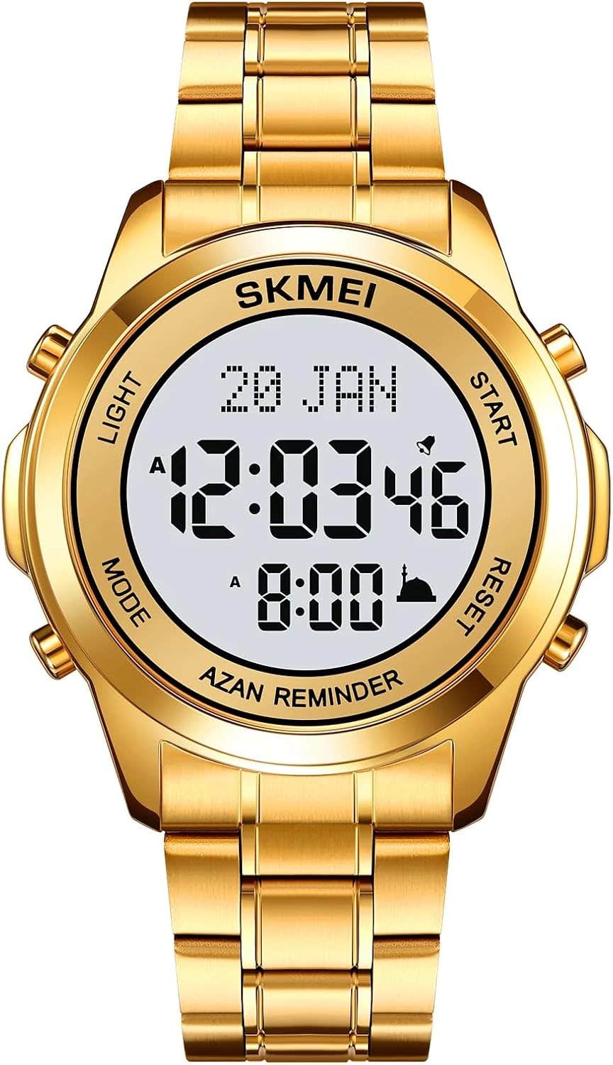 SKMEI Men's Gold Stainless Steel Digital Watch with Prayer Times, Waterproof, Hijri Calendar
