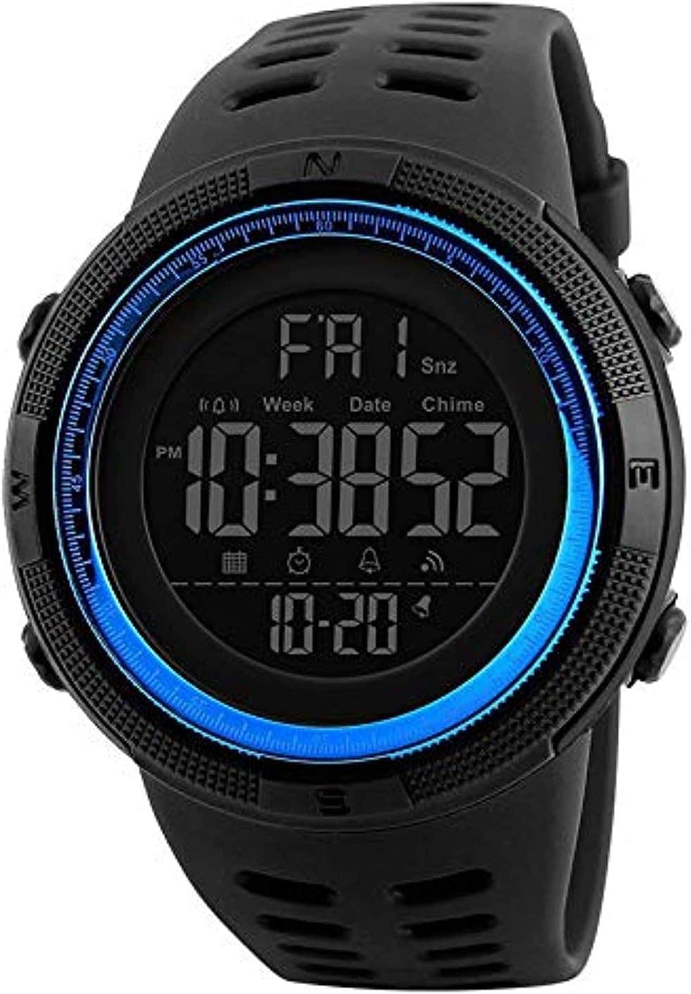 SKMEI 1251 Multifunctional dual display watch with modern blue highlights, stopwatch, alarm, and water resistance.
