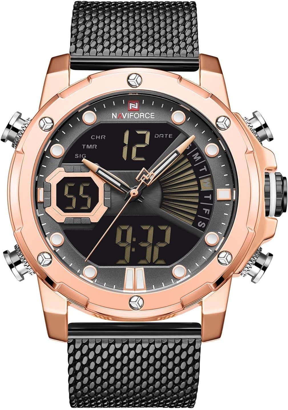 Naviforce Men's Analog-Digital Quartz Watch, Black Stainless Steel Strap