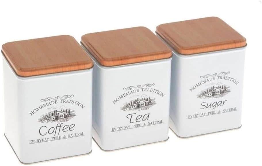 3 Pcs Sugar Canisters Set Vintage Style White Coffee Tea Container with Wood Color Lid Metal Sugar Coffee Tea Canister Set 1KG