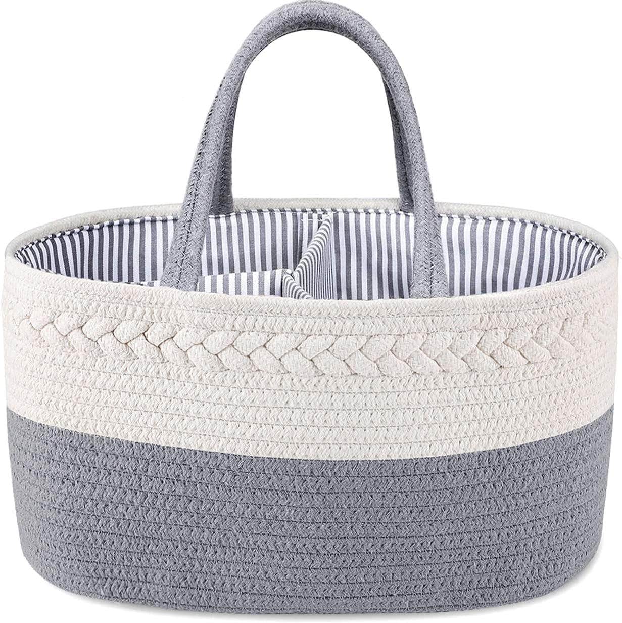 YelaJoy Baby Diaper Caddy,Cotton Rope Diaper Caddy Basket, Nursery Storage Bin and Car Organizer for Diapers Wipes, Cotton Rope Basket Changing Table Caddy,Baby Shower Gifts for Newborn,Grey