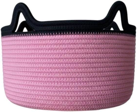 Cotton rope storage basket, large woven organizer with handles, modern home decor (Pink)