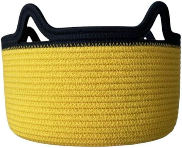Cotton rope storage basket, large woven organizer with handles, modern home decor (Yellow)