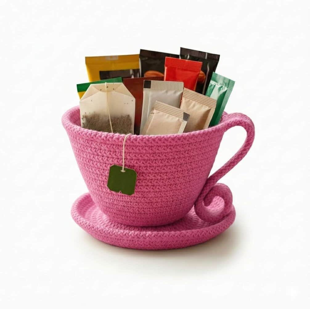MZ Luxury Handmade Rope Tea Bag Holder with Saucer – Eco-Friendly Premium Tea Organizer Cup for Kitchen & Coffee Station, Pink