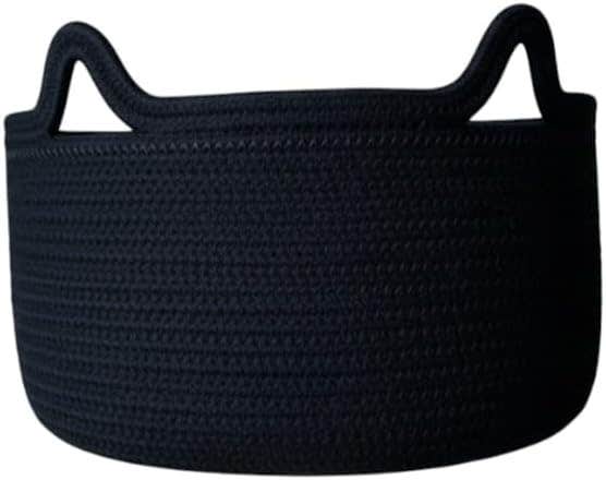 Cotton rope storage basket, large woven organizer with handles, modern home decor (Black)