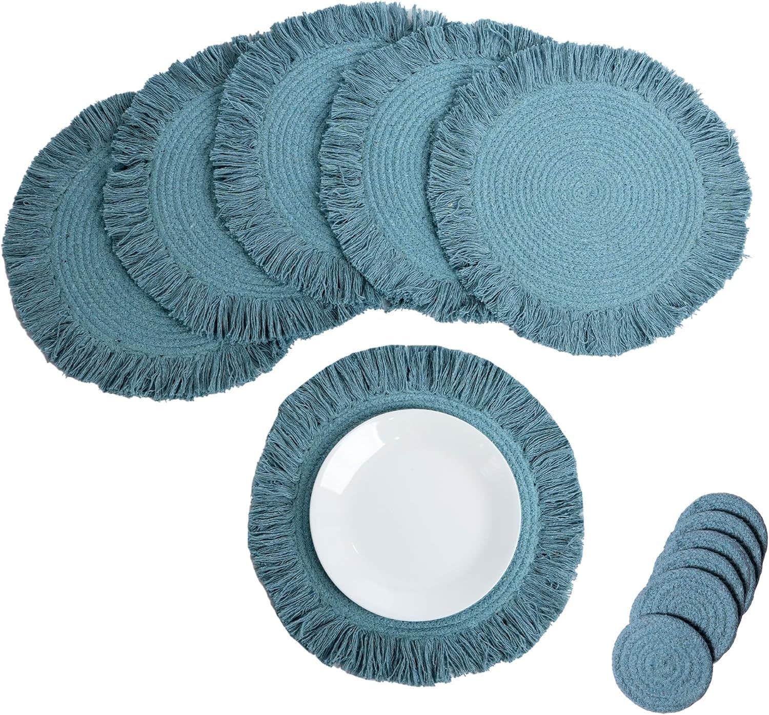 MZ Braided Cotton Placemats (Set of 6, 38 cm with 6-Coasters, Washable Anti-Slip Heat Resistant Mats, Boho Woven Round Table Mats for House Decor, Kitchen and Dining(natural cotton)