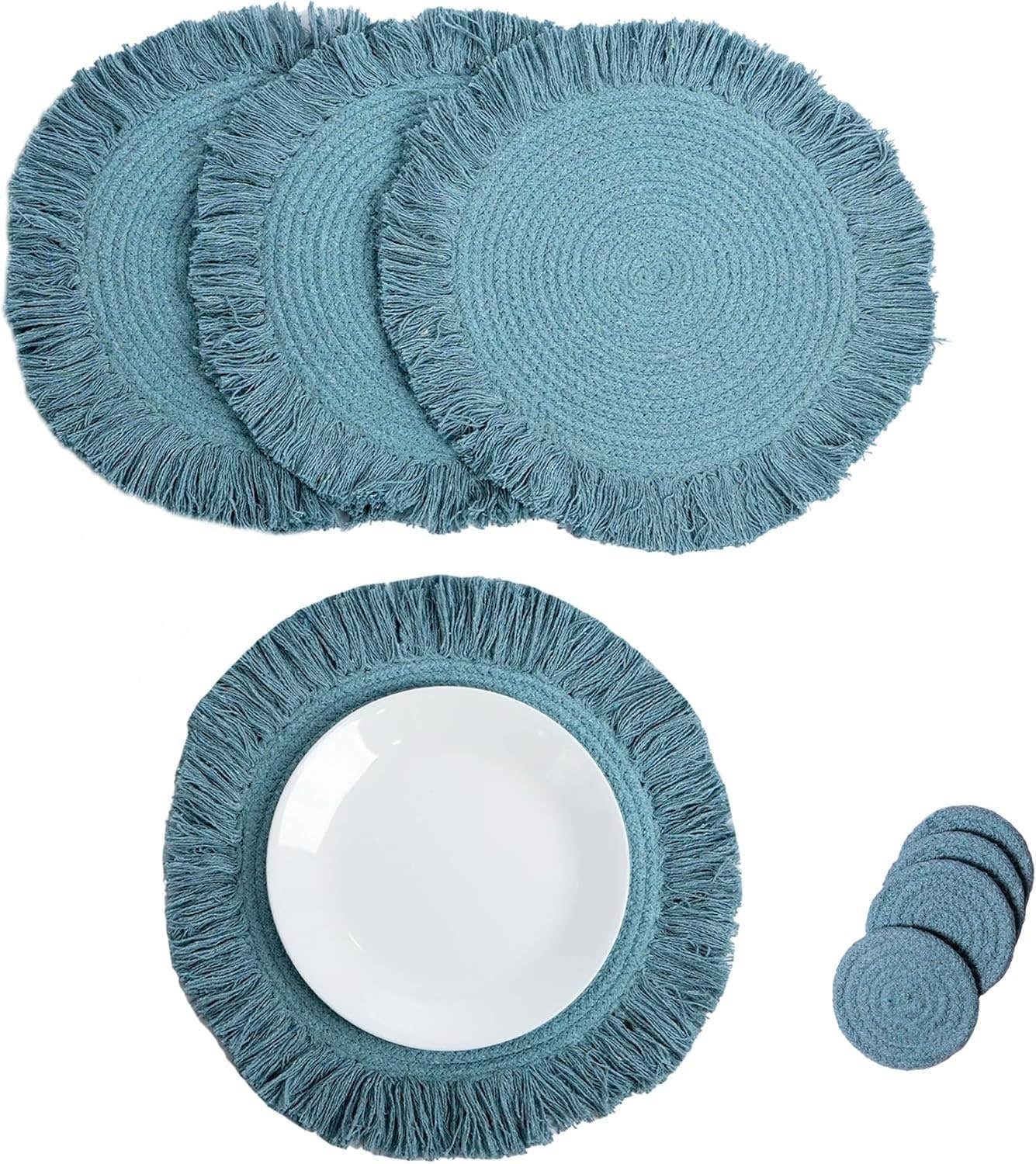 MZ Braided Cotton Placemats (Set of 4, 38 cm with 4-Coasters, Washable Anti-Slip Heat Resistant Mats, Boho Woven Round Table Mats for House Decor, Kitchen and Dining(natural cotton)