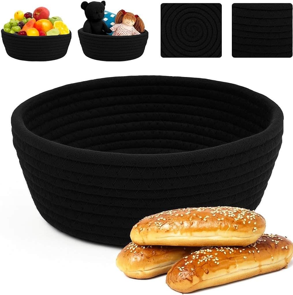 MZ Cotton Rope Bread Basket, Round Storage Bowl, 26x9 cm, Black