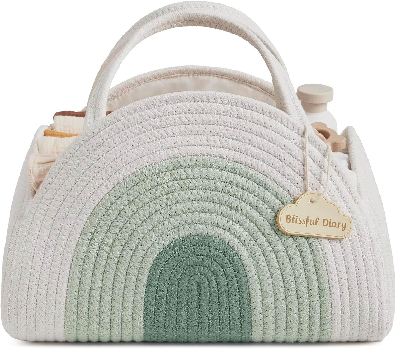 Blissful Diary Baby Diaper Caddy Organizer, Cotton Rope Diaper Caddy Basket, Large Storage Basket for Newborn Boys and Girls, Gift for Baby Shower List, Newborn Essentials, Mint Rainbow