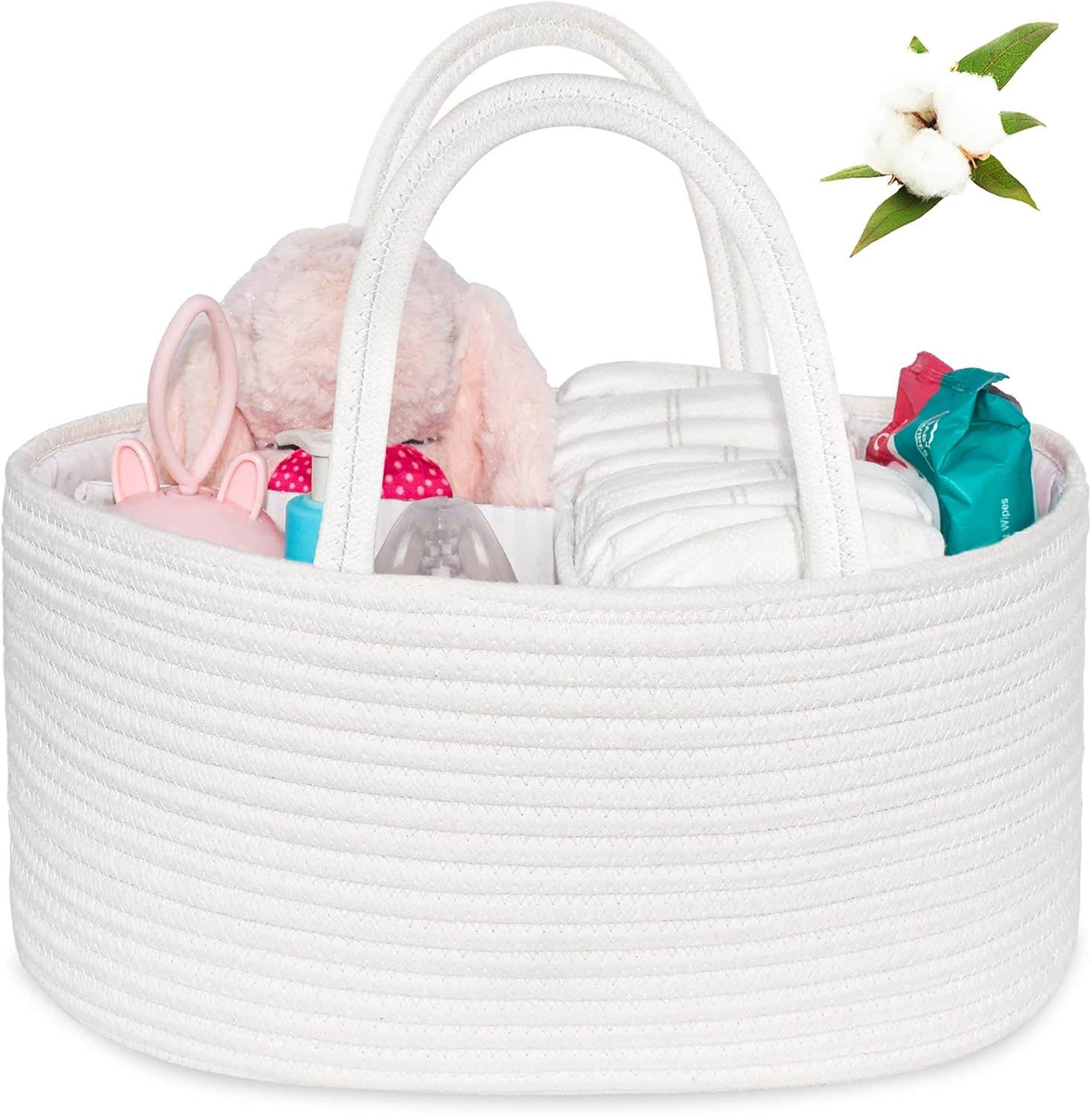 ABenkle Baby Diaper Caddy, Nursery Storage Bin and Car Organizer for Diapers and Baby Wipes, Cotton Rope Diaper Basket Caddy, Changing Table Diaper Storage Caddy Baby Gift Baskets, White
