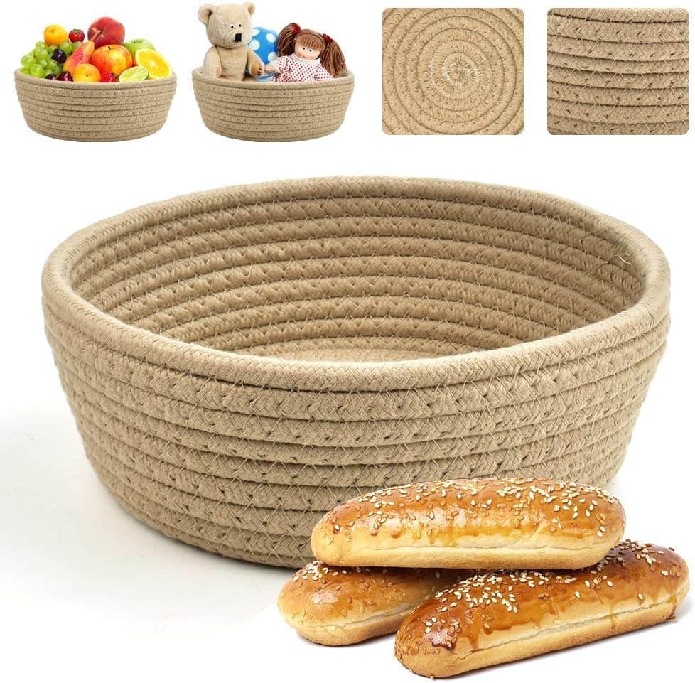 MZ Cotton Rope Storage Bowl, 26 * 9 cm Round Bread Basket, Light Brown Decorative Serving Bowl for Pastries