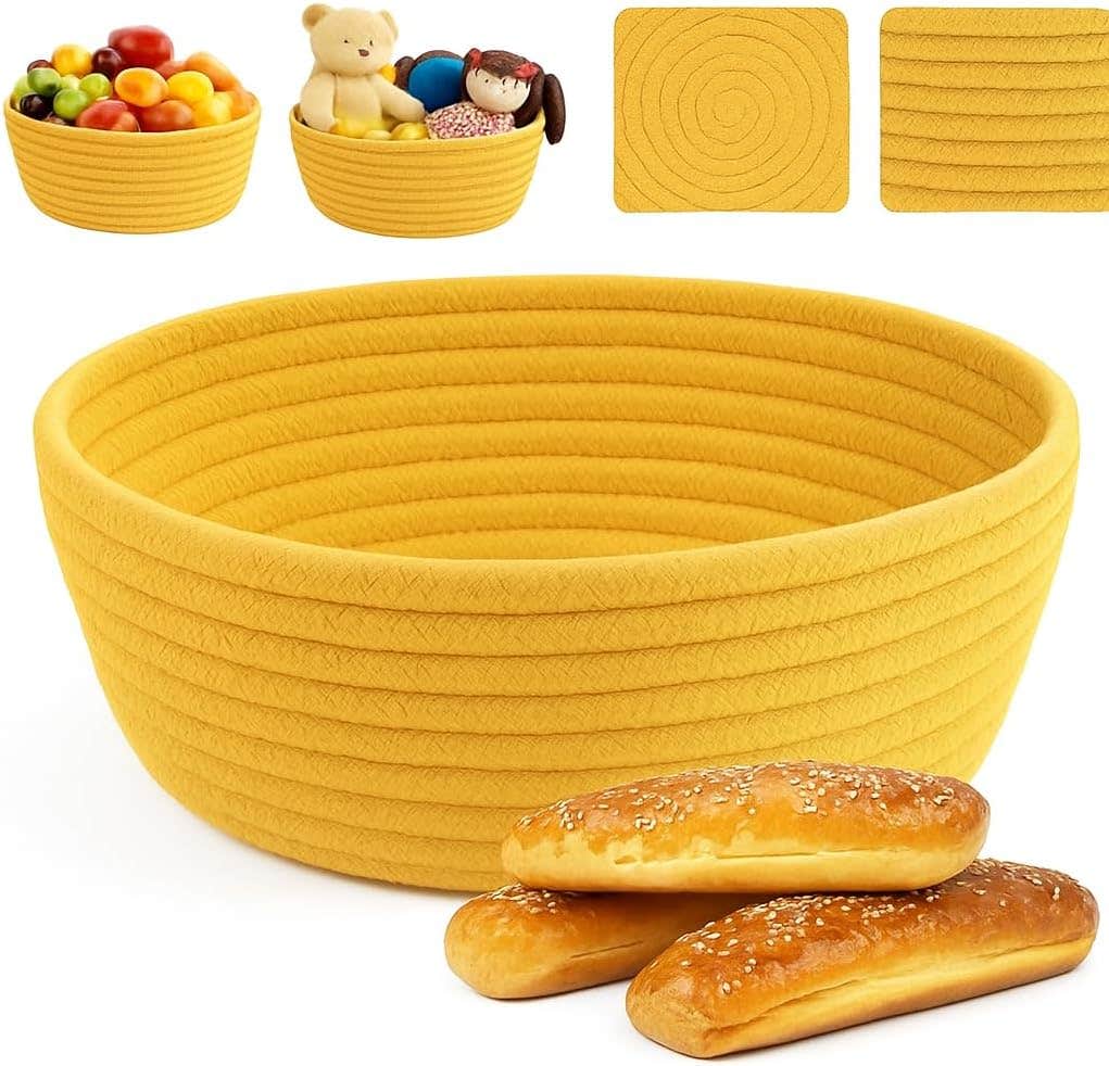 MZ Cotton Rope Storage Bowl, 26 x 9 cm Round Decorative Basket, Yellow Serving Bowl for Fruits and Bread