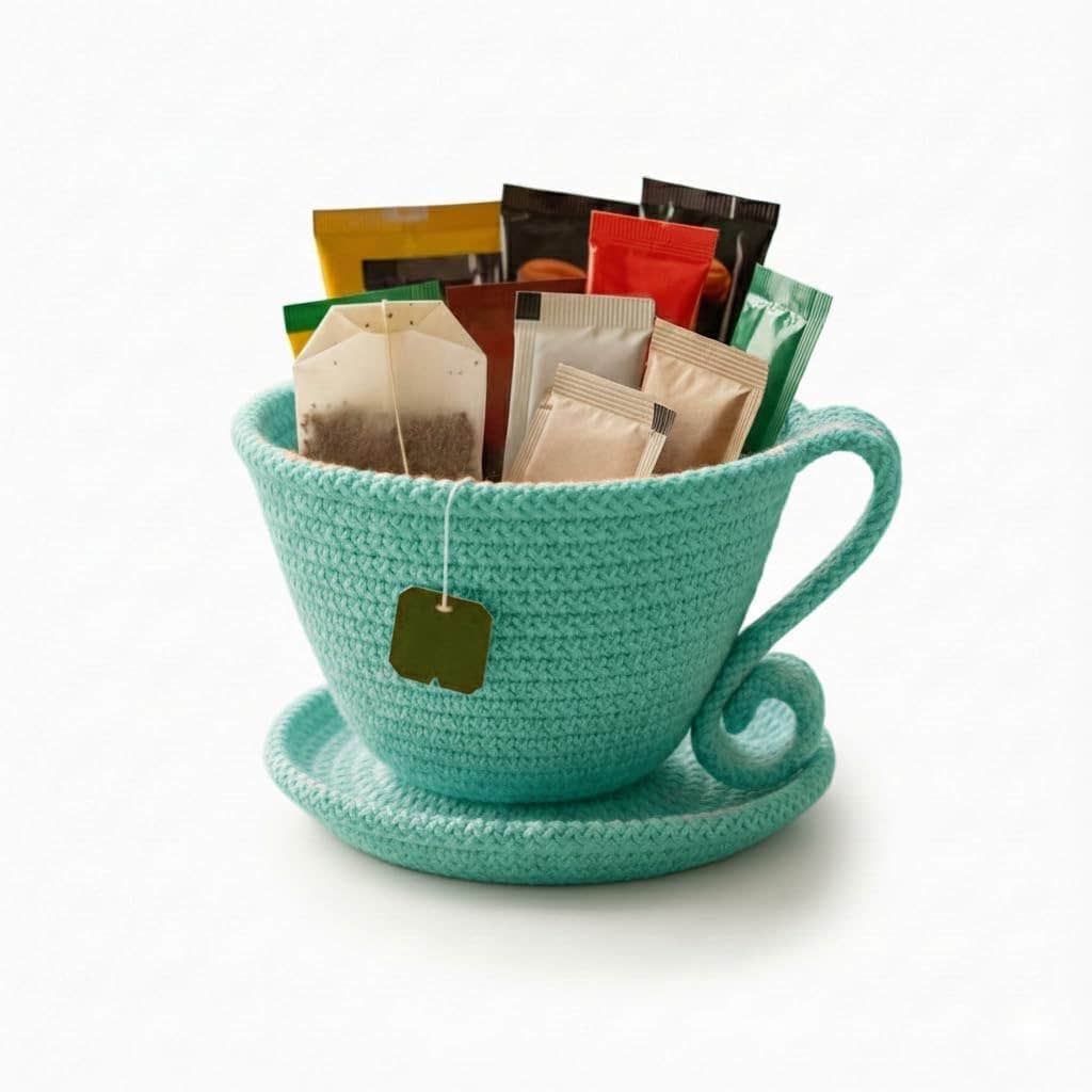 MZ Luxury Handmade Rope Tea Bag Holder with Saucer – Eco-Friendly Premium Tea Organizer Cup for Kitchen & Coffee Station, Baby blue