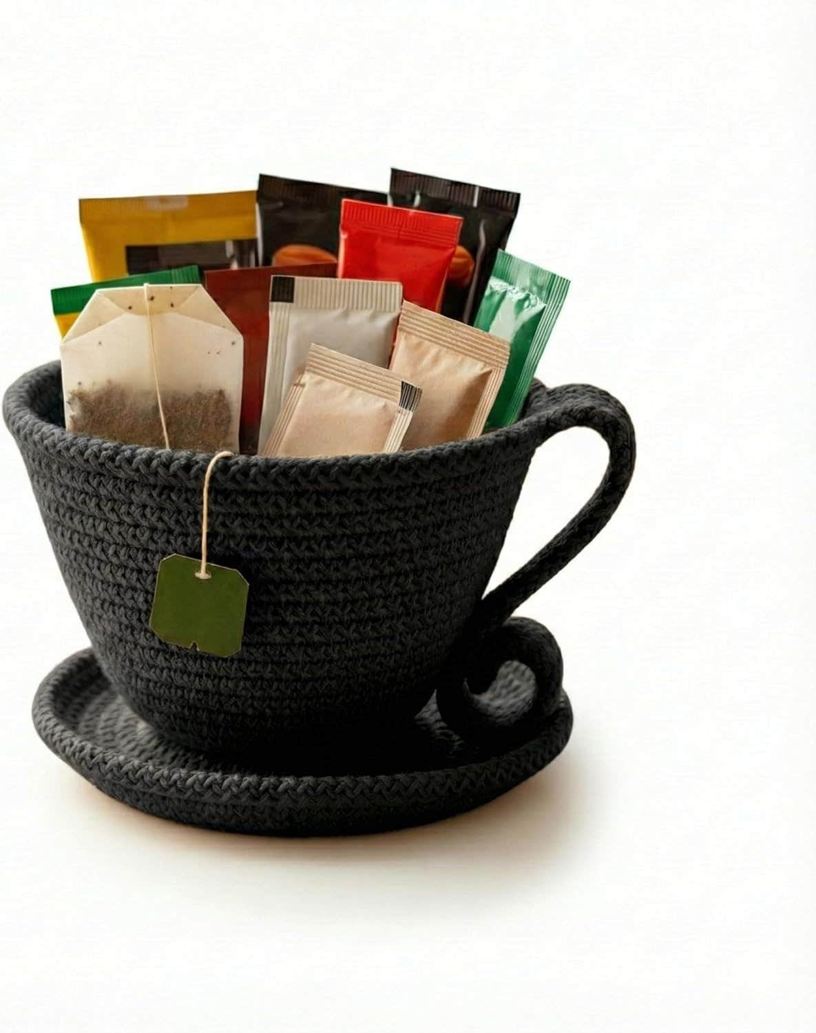 MZ Luxury Handmade Rope Tea Bag Holder with Saucer – Eco-Friendly Premium Tea Organizer Cup for Kitchen & Coffee Station, Black