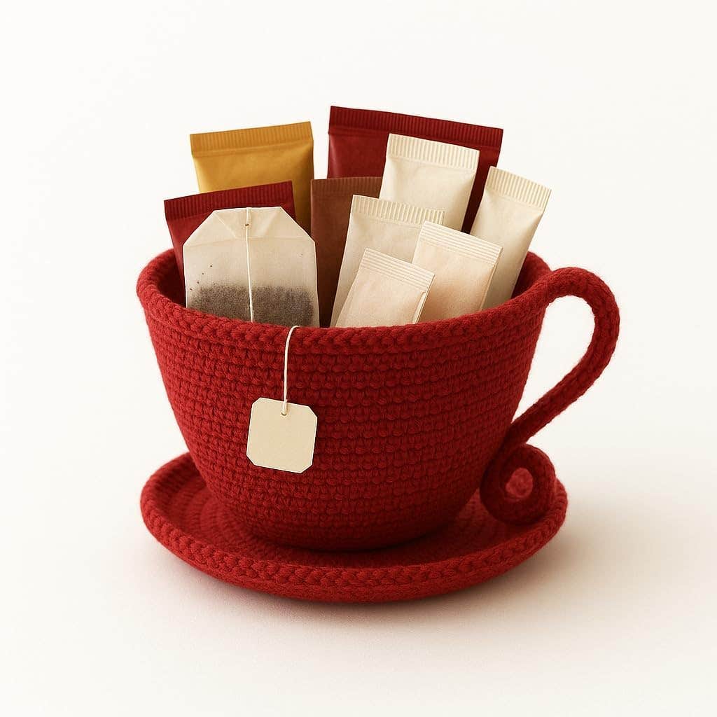 MZ Luxury Handmade Rope Tea Bag Holder with Saucer – Eco-Friendly Premium Tea Organizer Cup for Kitchen & Coffee Station, Red