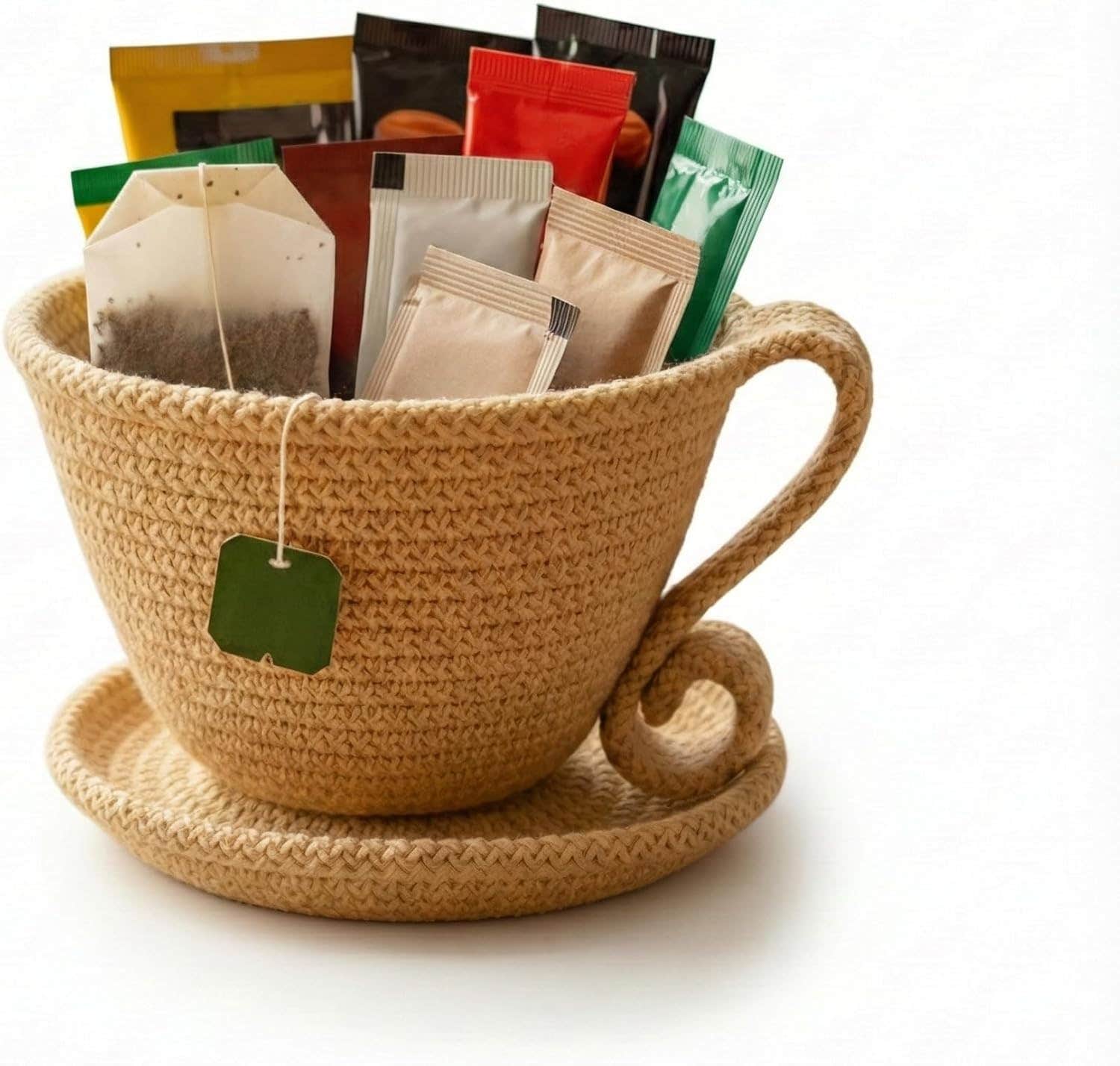 MZ Luxury Handmade Rope Tea Bag Holder with Saucer – Eco-Friendly Premium Tea Organizer Cup for Kitchen & Coffee Station, Beige