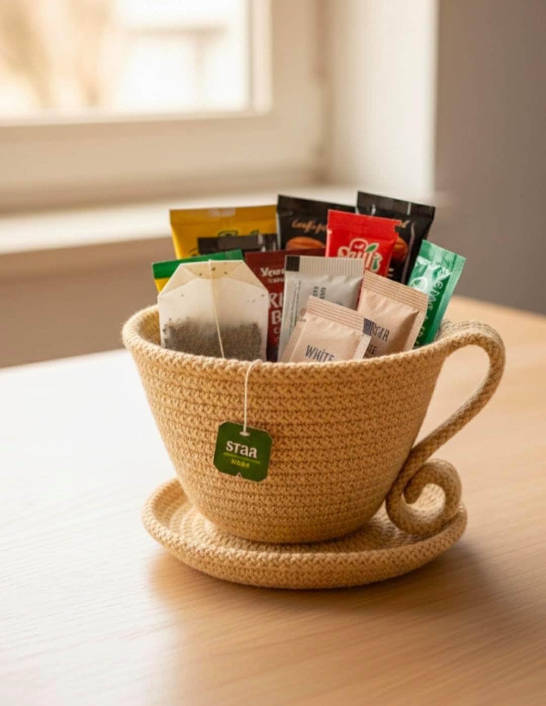 MZ Handmade Jute Teacup Storage Basket, Natural Beige Woven Tea Bag Organizer with Handle and Saucer, Decorative Kitchen Container