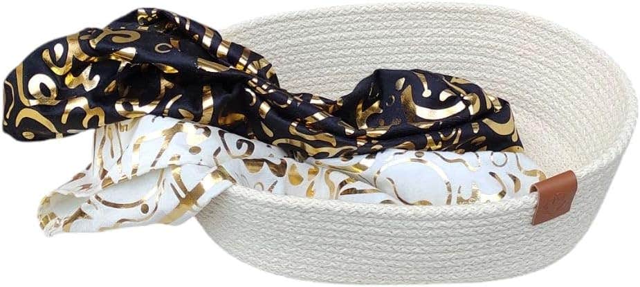 MZ Ramadan Cotton Rope Storage Basket, 30x18cm Oval, with 2 removable white/Black Gold Pattern Cover