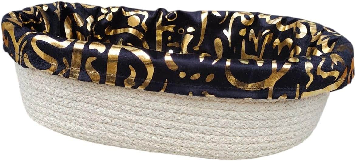 MZ Ramadan Decorative Rope Storage Basket, black and Gold Pattern removable Trim, Oval Cotton Organiser, 30 * 18 cm