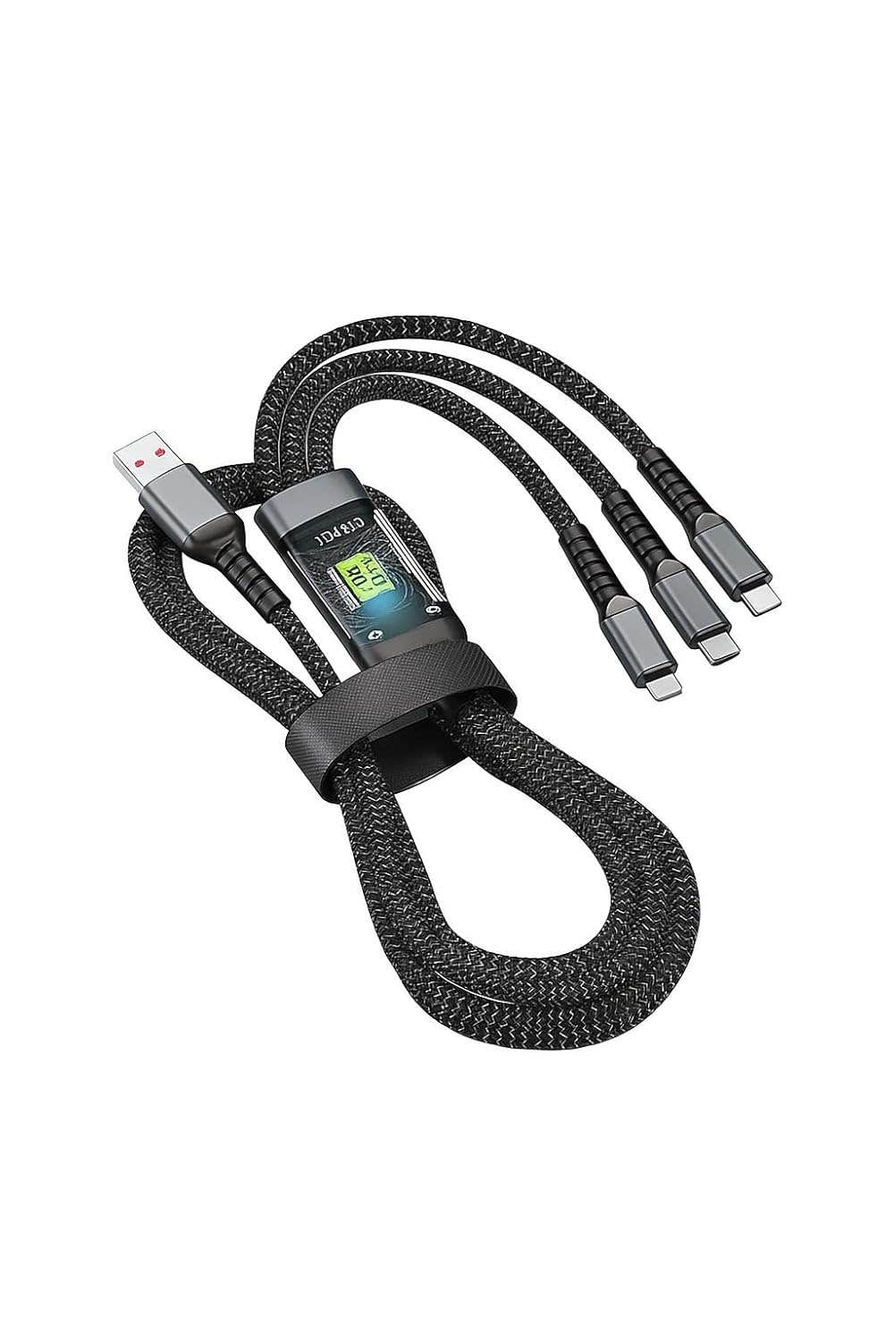 3-in-1 USB Charging Cable with LED Power Display - Fast 100W Braided Cord (1.2M)