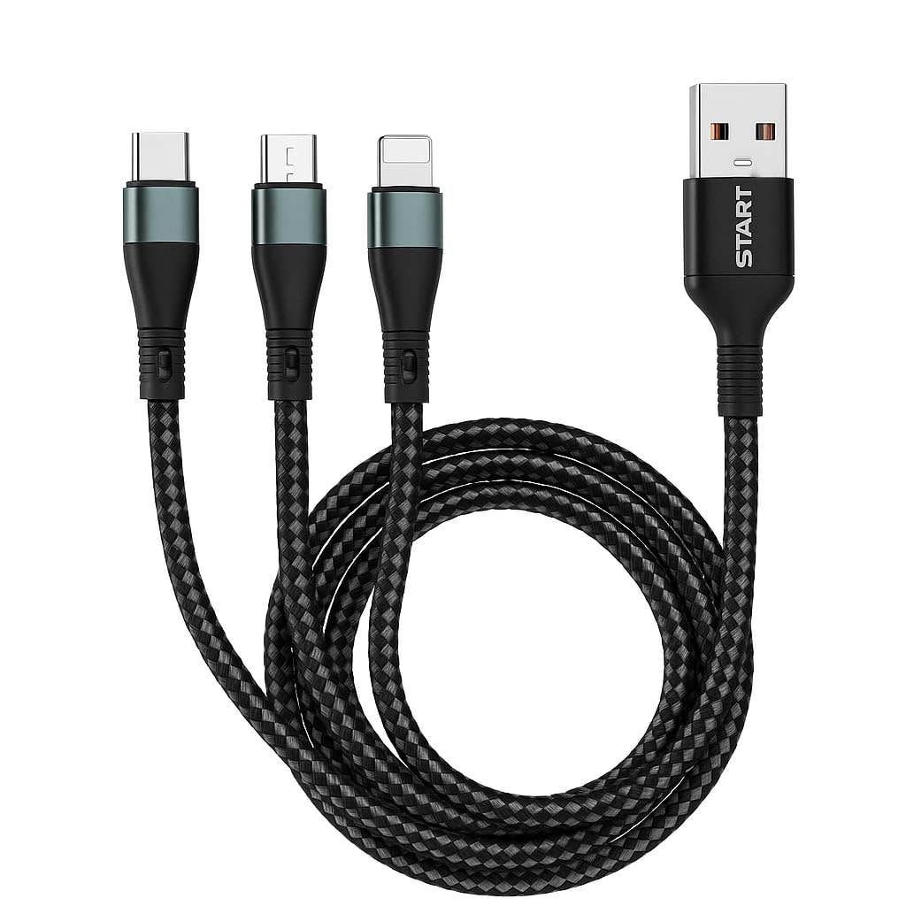 START ST-388 3-in-1 Fast Charging Cable, 120W, Braided Nylon, 1m - Multi Charging for Smartphones & Tablets