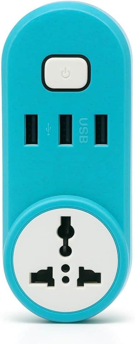 Power Extension Socket, Conversion Socket 2500W, 3 USB Charger, Power Switch, Auto 10A Max Charging, Overload Protection, Surge Protector for Home or Travel, Power Socket Wall, E-01 (Blue)
