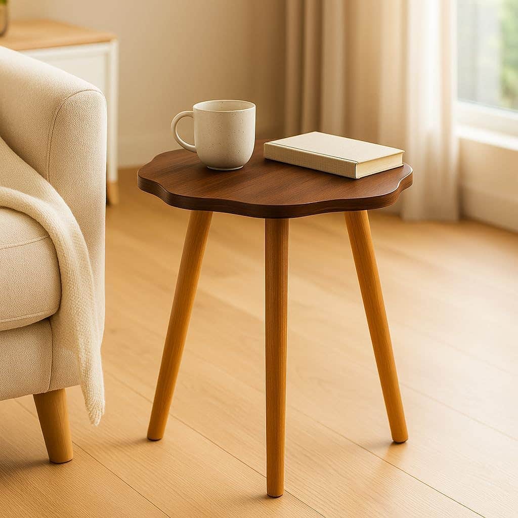 FendiHome Modern Flower-Shaped Wooden Side Table – 35 cm Round Accent Table | Elegant MDF & Beech Wood Design for Living Room, Bedroom & Office (Brown)