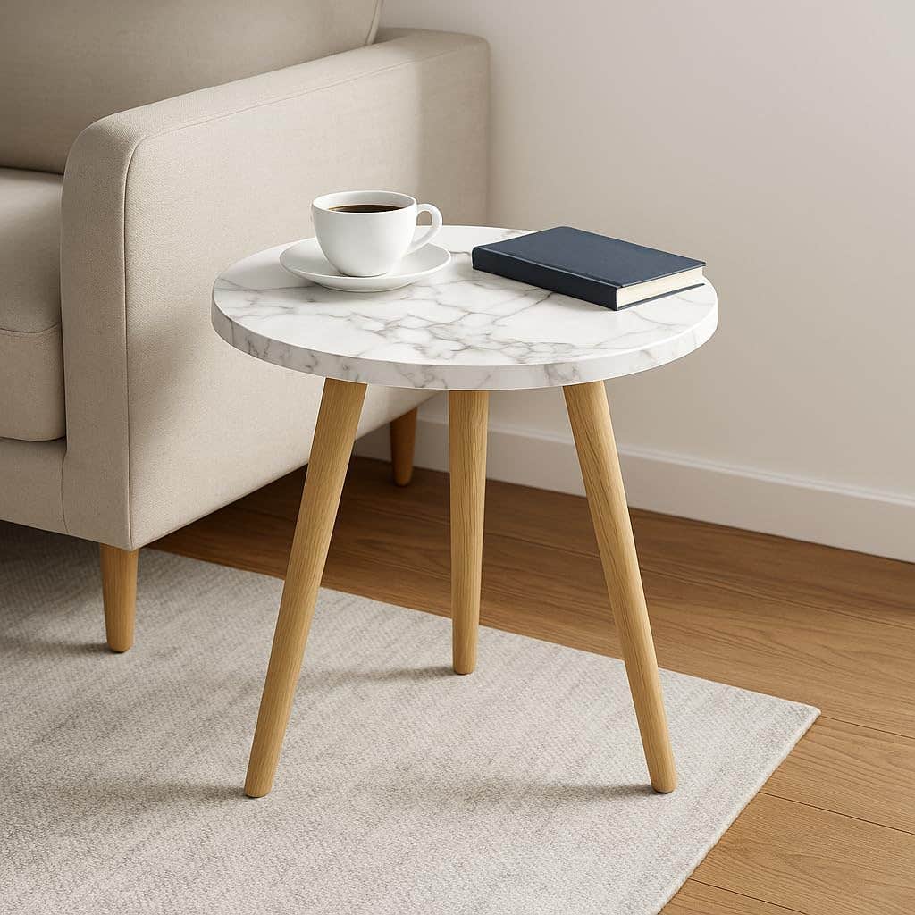 FendiHome Round Side Table with Wooden Legs – Modern Accent End Table for Living Room, Bedroom, or Office (White Marble Finish)