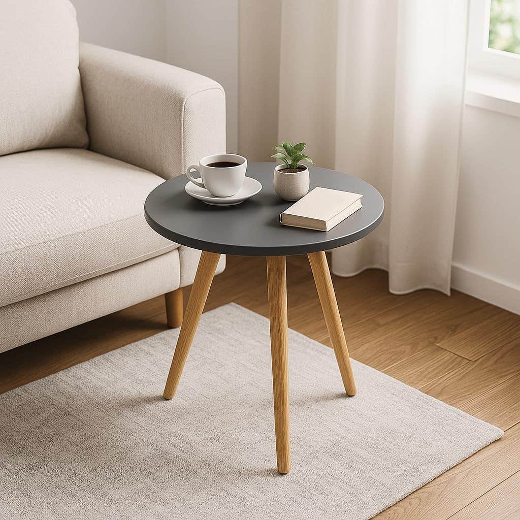 FendiHome Round Side Table with Wooden Legs – Modern Accent End Table for Living Room, Bedroom, or Office (Matte Charcoal Gray)