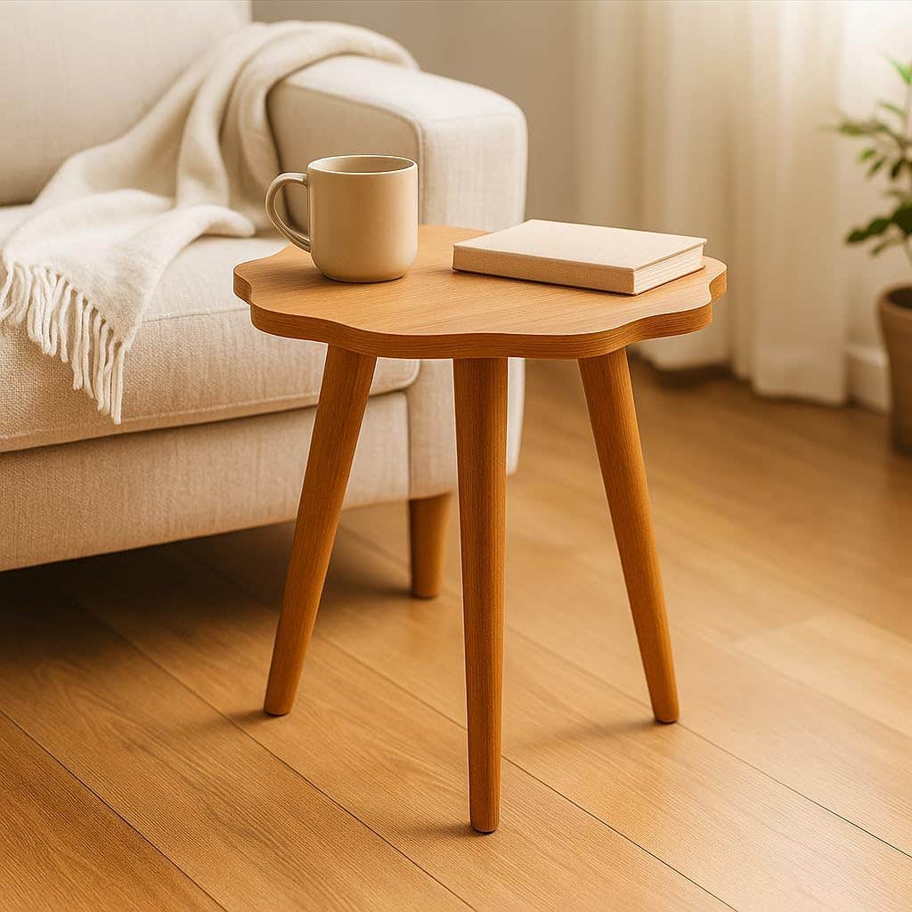 FendiHome Modern Flower-Shaped Wooden Side Table – 35 cm Round Accent Table | Elegant MDF & Beech Wood Design for Living Room, Bedroom & Office (Wooden)