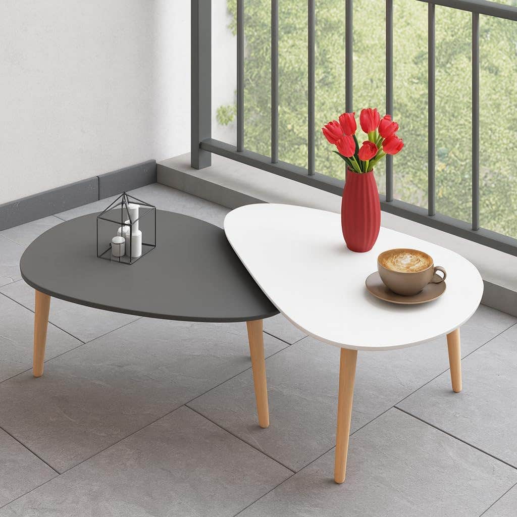 FendiHome Modern Dual-Tone Nesting Coffee Table Set – 2-Piece White & Grey Teardrop Tables with Natural Wood Legs – Stylish Space-Saving Living Room Accent Furniture
