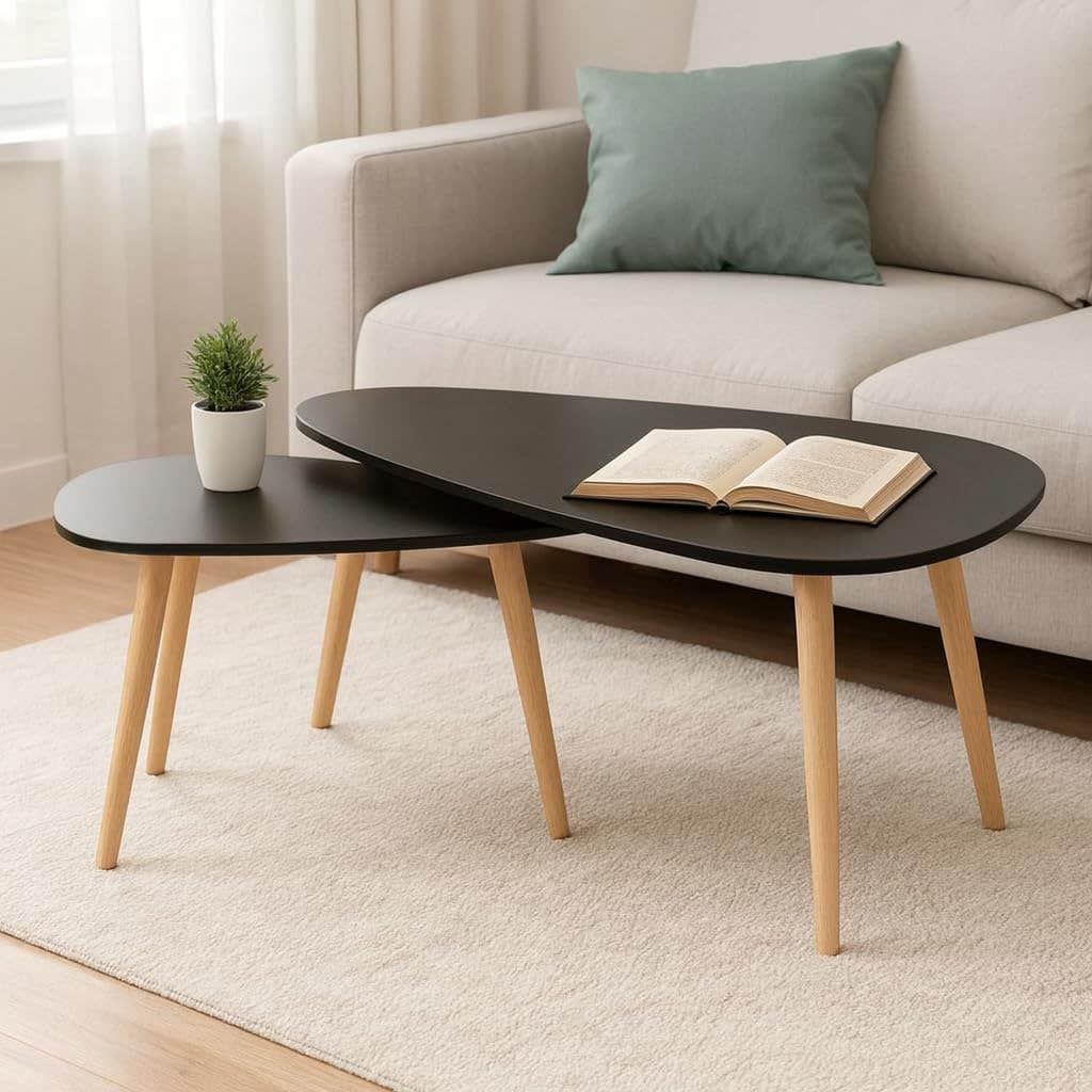 FendiHome Modern Black Coffee Table Set with Wooden Legs – 2-Piece Nesting Tables for Living Room, Stylish Minimalist Design, Space-Saving Furniture with Open Storage