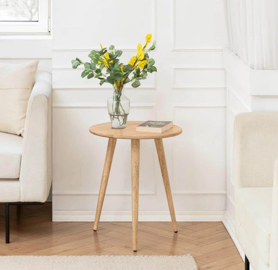 FendiHome Round Wooden Side Table – 35cm Beech & MDF Melamine Accent Table | Minimalist Beige Nightstand with PVC Top | Modern Design for Living Room, Bedroom & Plant Display