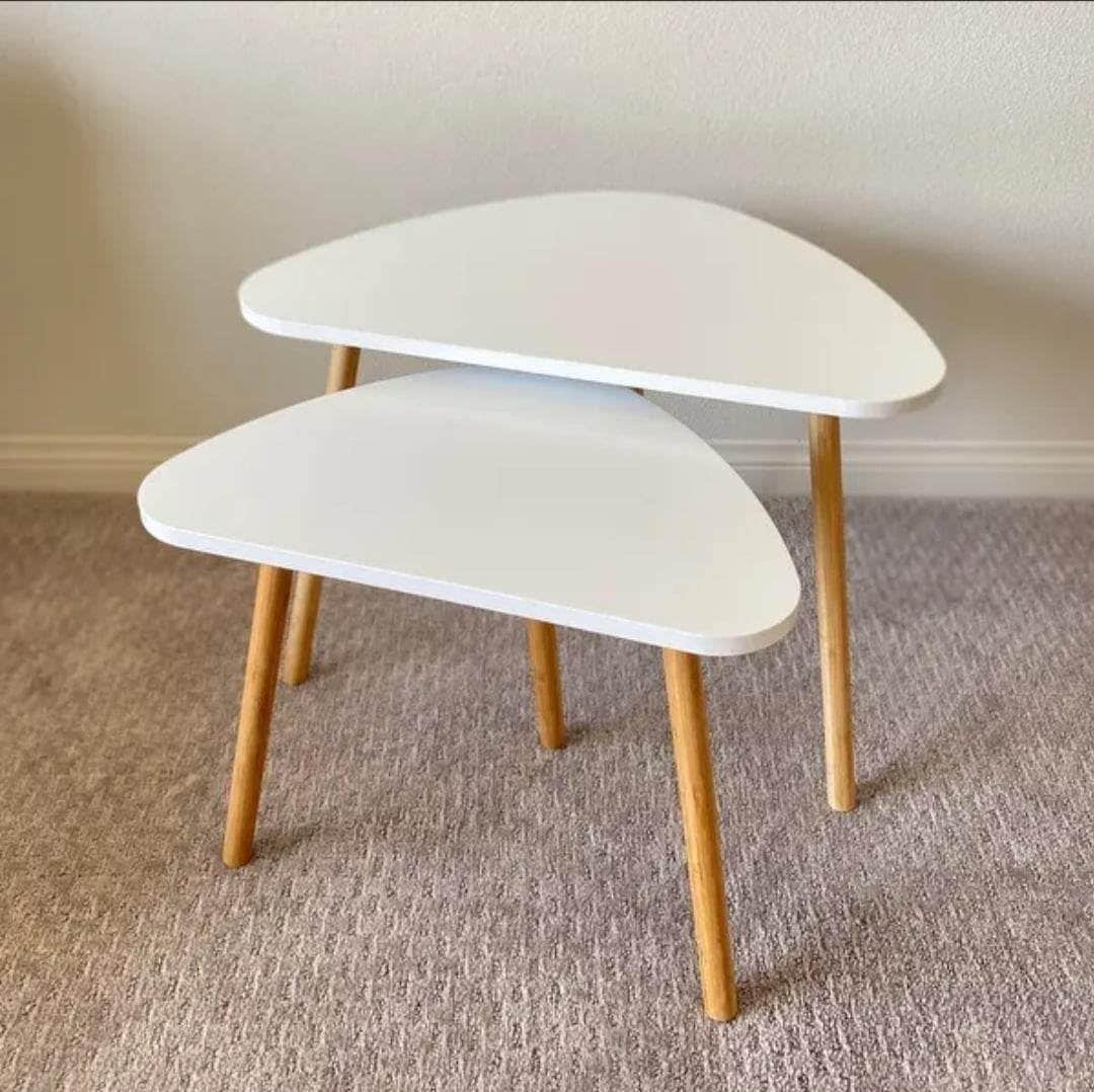 FendiHome Modern White Nesting Coffee Tables – Set of 2, Scandinavian Triangle Design with Wooden Legs – Minimalist Side End Tables for Living Room, Bedroom, or Office