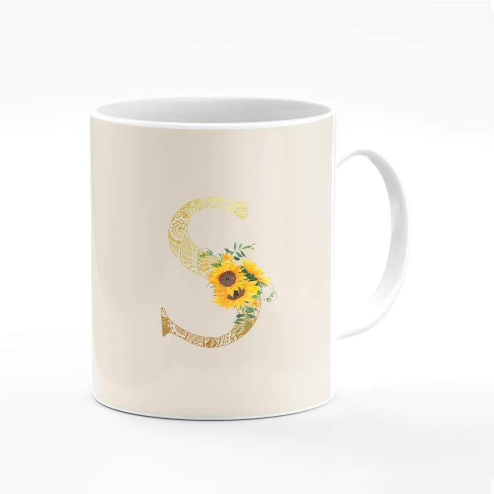 Stylizedd Floral Monogram Coffee Mug - 11oz Ceramic, Albescent White