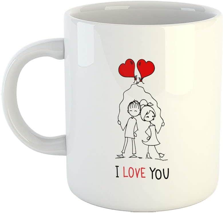 Happu Valentine's Day Ceramic Coffee Mug - I Love You Heart Balloon Design - White - 325 ML - Gift for Husband, Wife, Lover