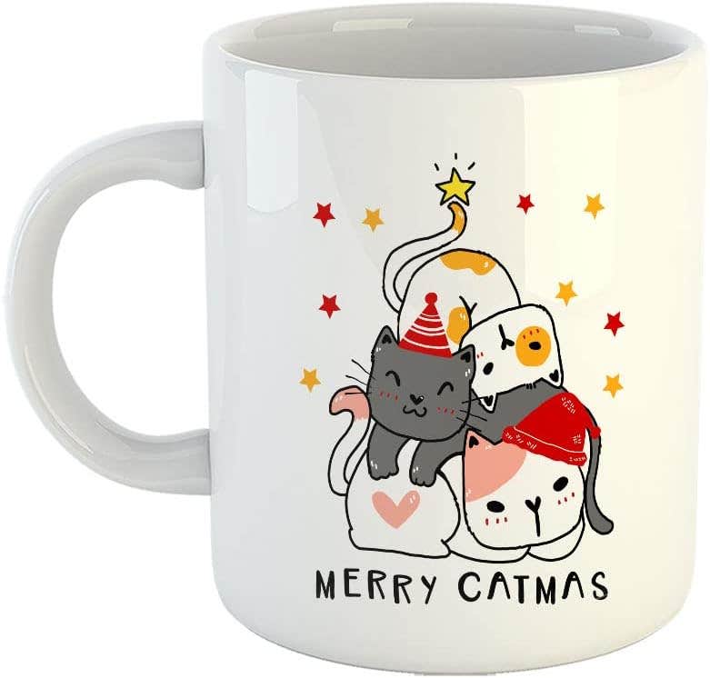 Happu® Cats Merry Xmas Ceramic Coffee Mug - White, Gift for Dad, Brother, Son - 11oz