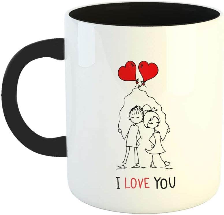 Happu Printed Ceramic Coffee Mug - Valentine's Day Design - I Love You Heart Balloon - Black-3 Tone - 325 ML - Gift for Husband, Wife, Lover