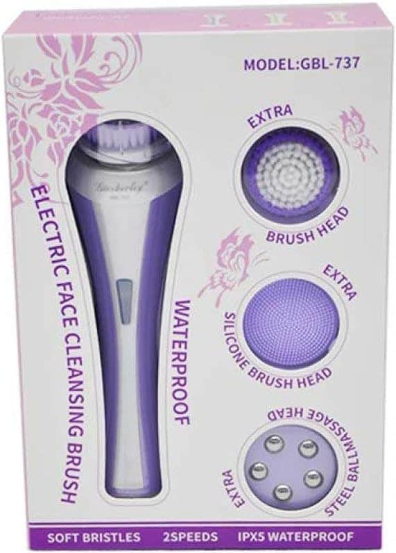 Electric Facial Cleansing Brush, Waterproof Facial Cleansing Brush, 4 Brush Set, Steel Ball Massage Head, Silicone Brush Head and 2 Brush Heads