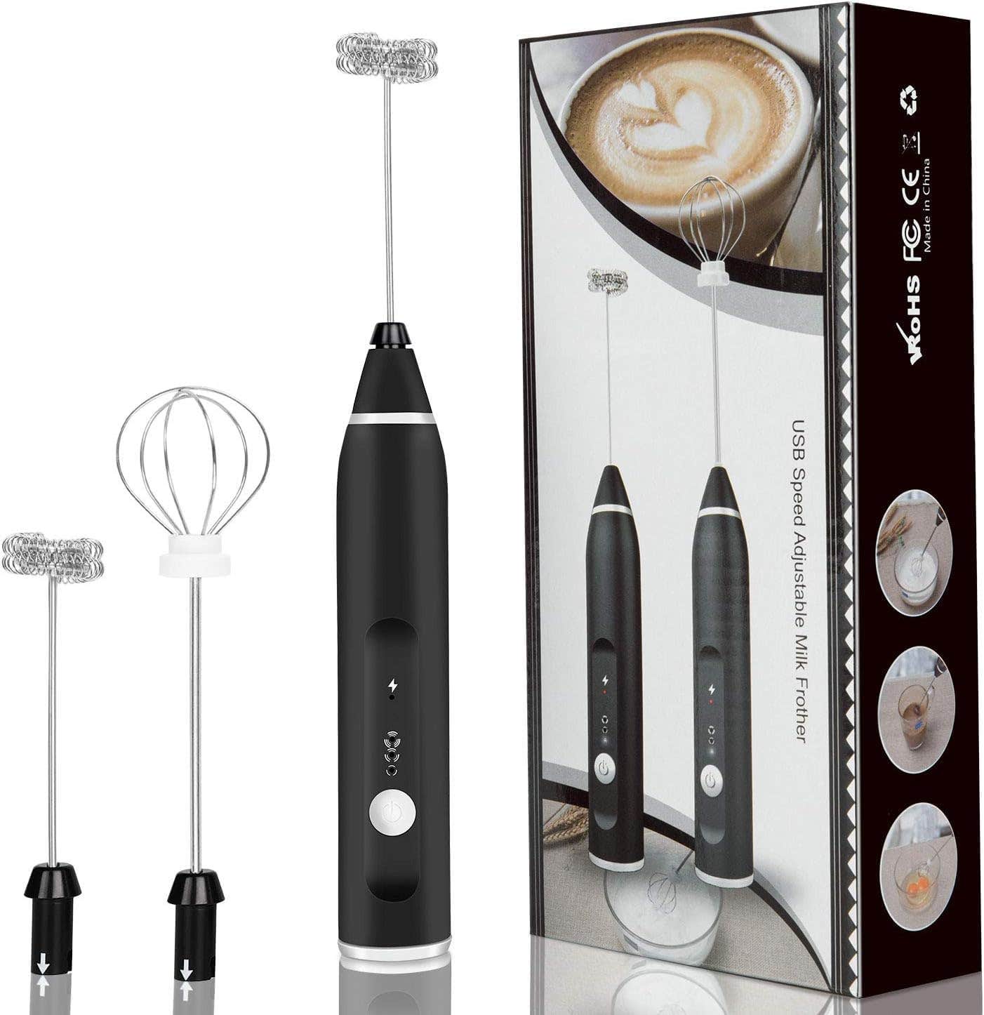 Milk Frother Handheld Electric Milk Frother USB Rechargeable 3 Speed Adjustable Milk Frother with 3 Different Stainless Steel Whisks for Bulletproof Coffee, Latte, Matcha, Cappuccino (Large)