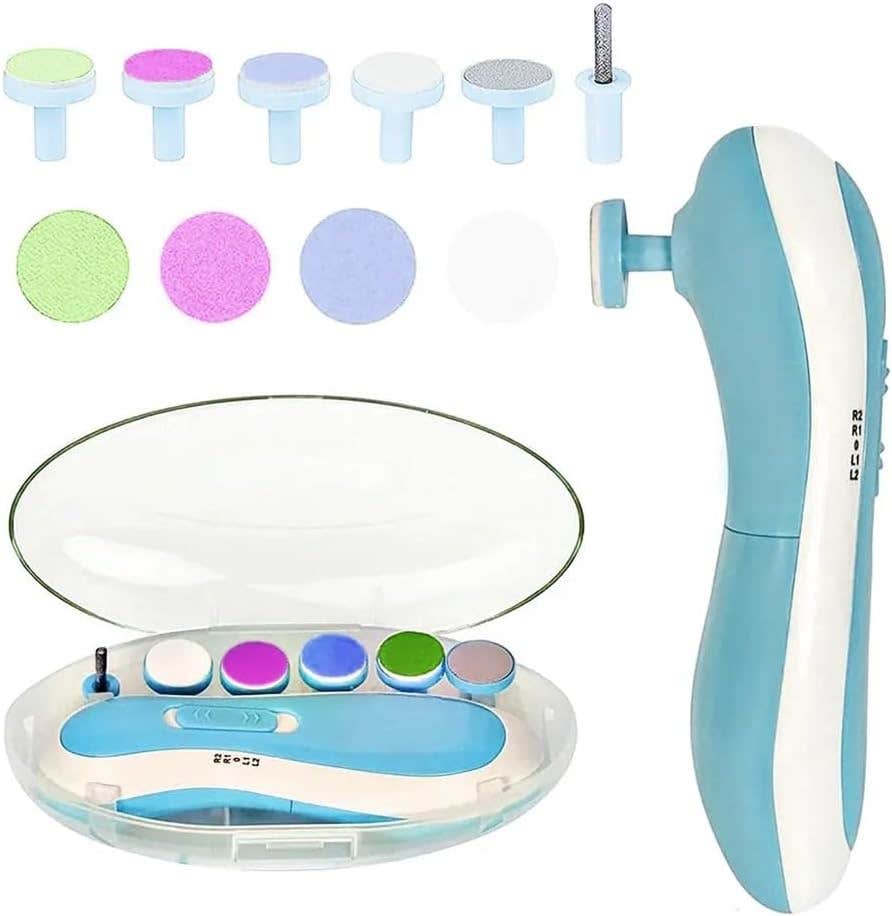LENTIMO Baby Electric Nail File Kit with Board Cover, Safe Baby Nail Clippers with LED Light for Trimming and Polishing Nails for Newborns and Toddlers, 7 Replacement Pads (Blue)