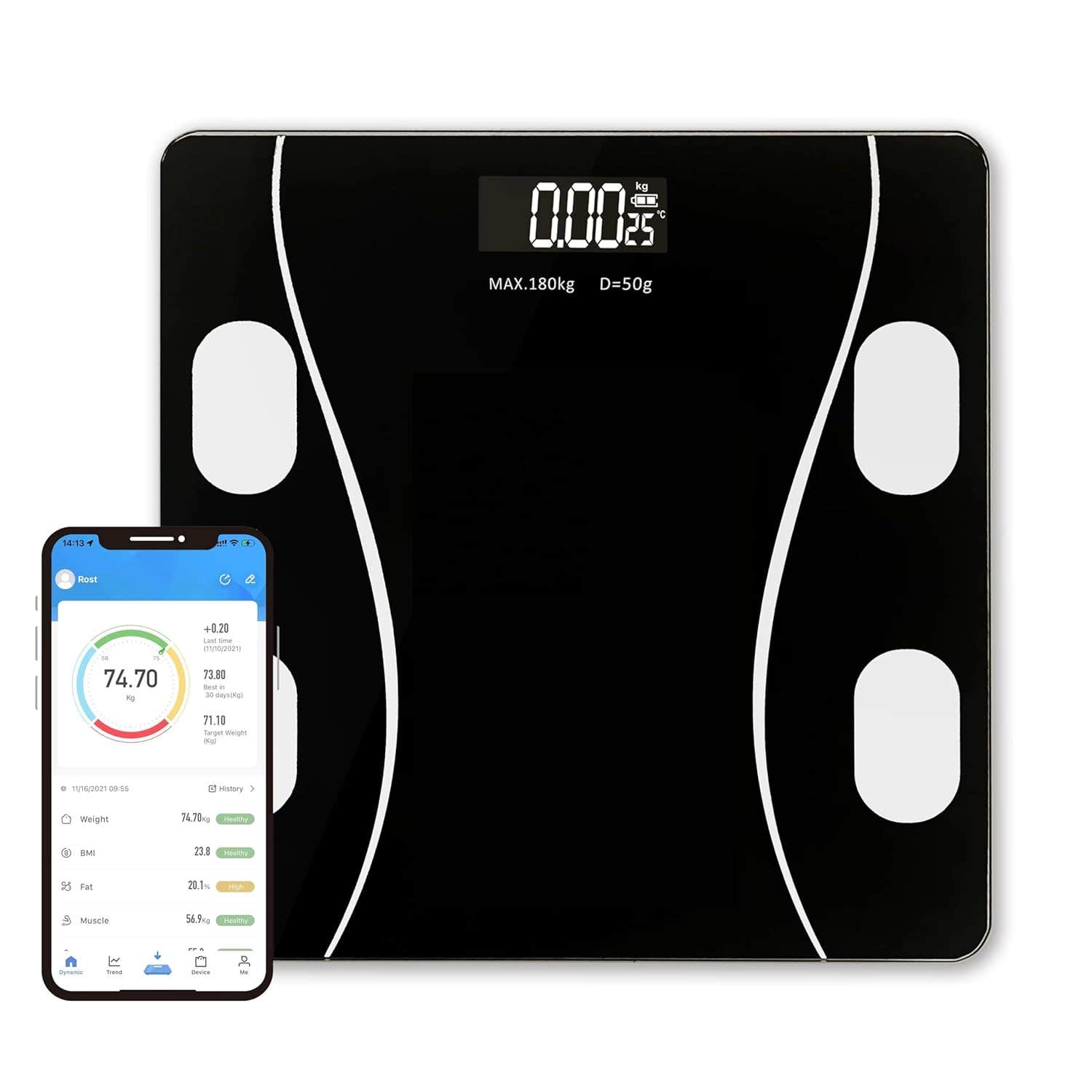 Digital Smart Electronic Body Fat Scale with Bluetooth, LCD Display, 180 kg Capacity, Black, Battery Operated