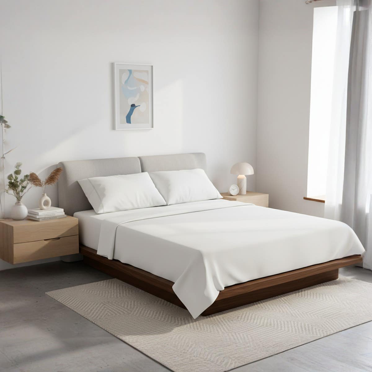 Luxury Fitted Sheet Set, white Color Premium Cotton, Size 160×200 cm, Deep Pocket Design for Modern Platform Beds